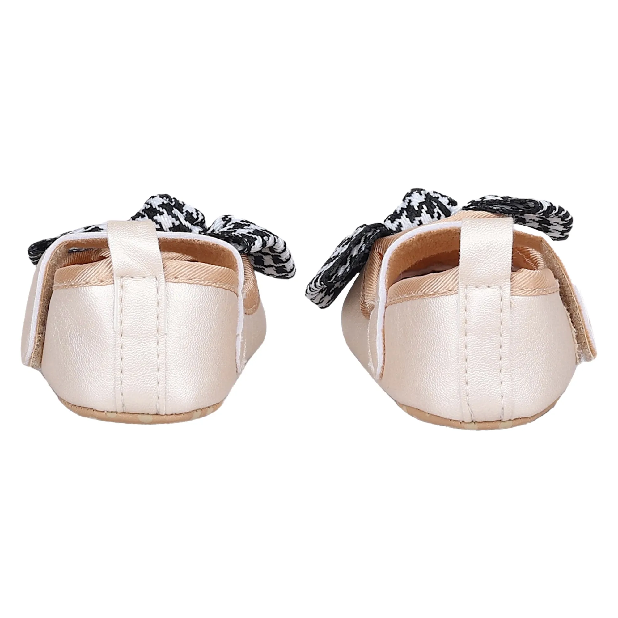 Baby Moo Houndstooth Bow Knot Velcro Strap Anti-Skid Ballerina Booties - Cream