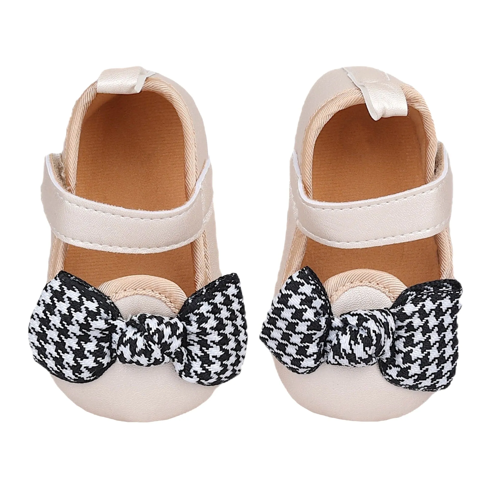 Baby Moo Houndstooth Bow Knot Velcro Strap Anti-Skid Ballerina Booties - Cream