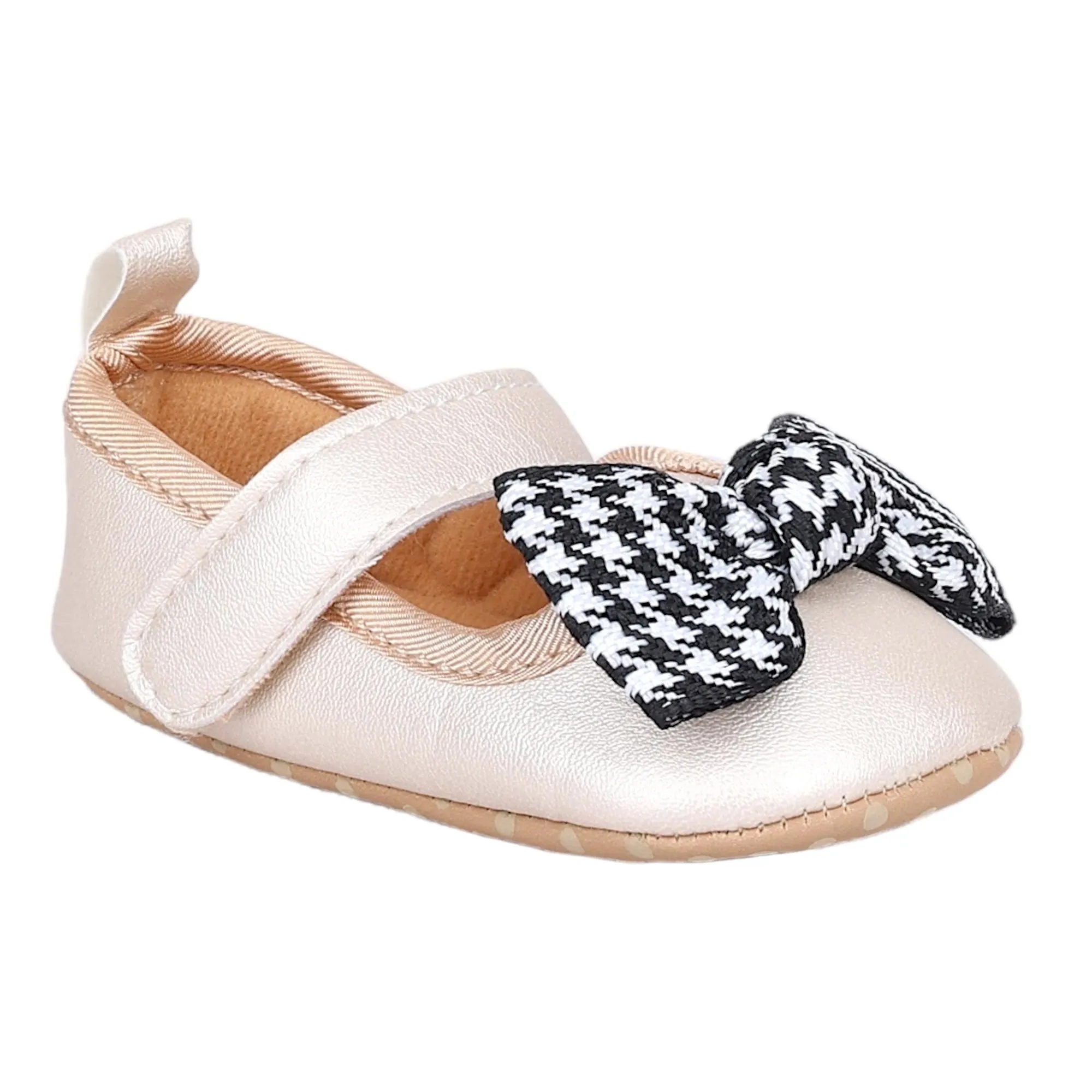 Baby Moo Houndstooth Bow Knot Velcro Strap Anti-Skid Ballerina Booties - Cream