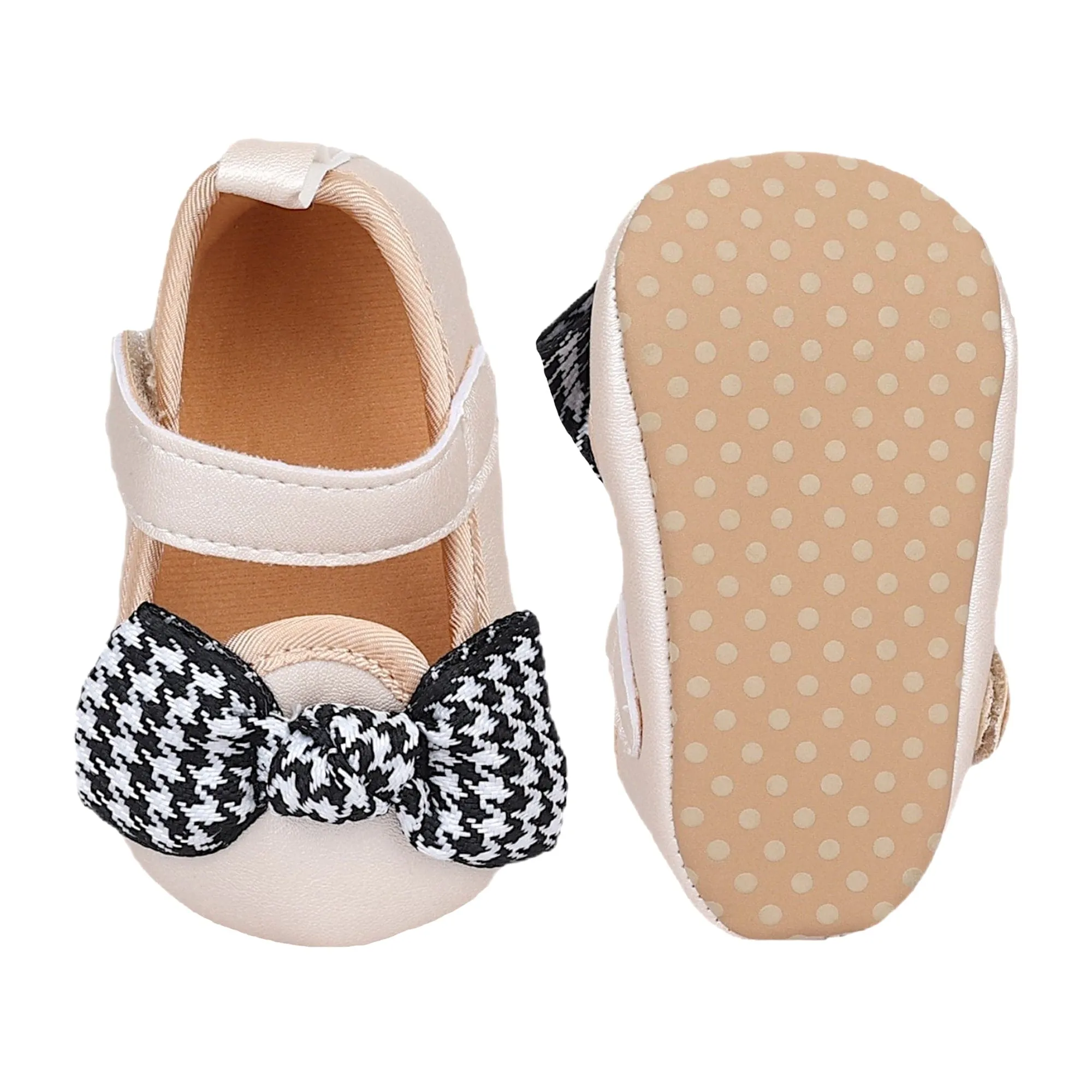 Baby Moo Houndstooth Bow Knot Velcro Strap Anti-Skid Ballerina Booties - Cream