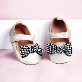 Baby Moo Houndstooth Bow Knot Velcro Strap Anti-Skid Ballerina Booties - Cream