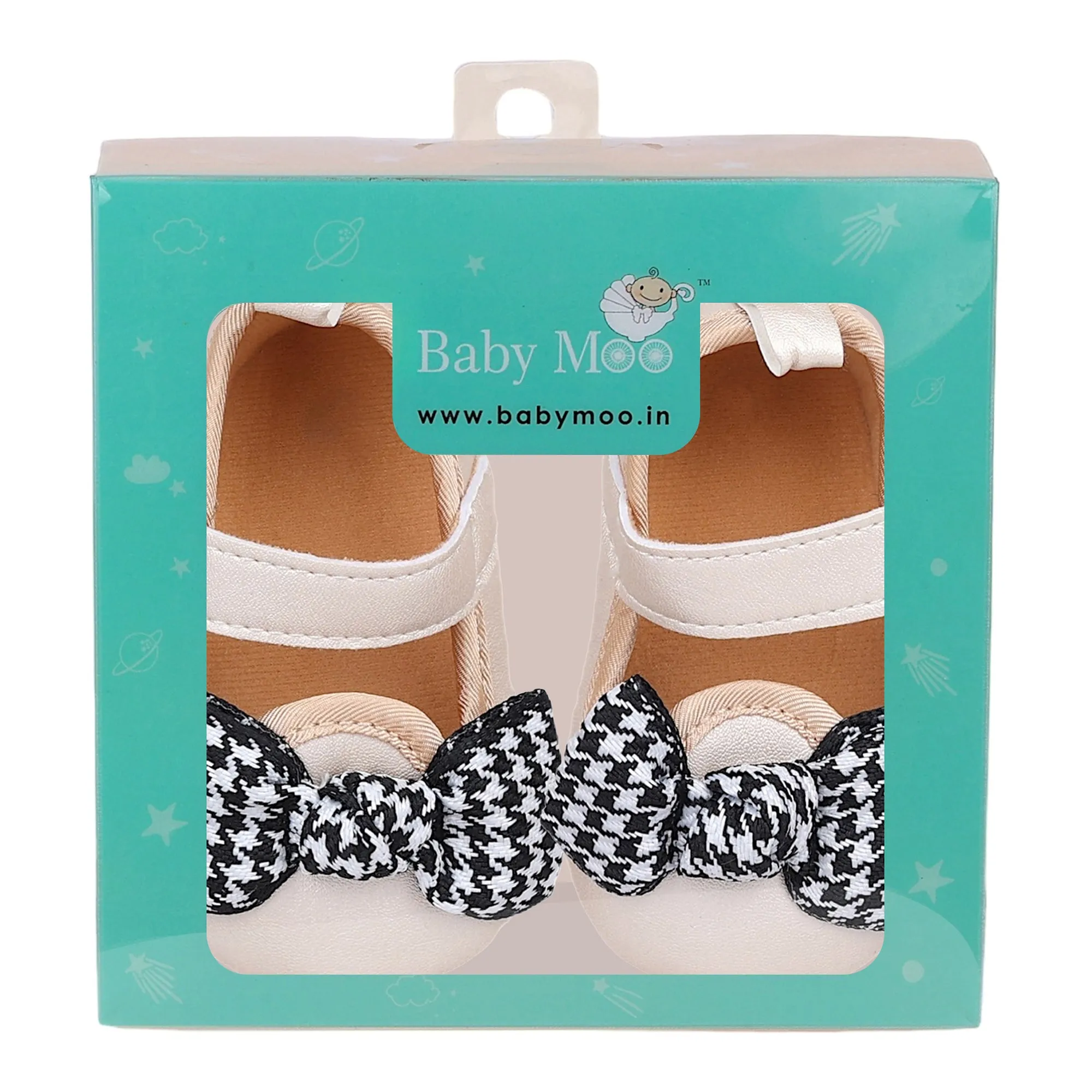 Baby Moo Houndstooth Bow Knot Velcro Strap Anti-Skid Ballerina Booties - Cream