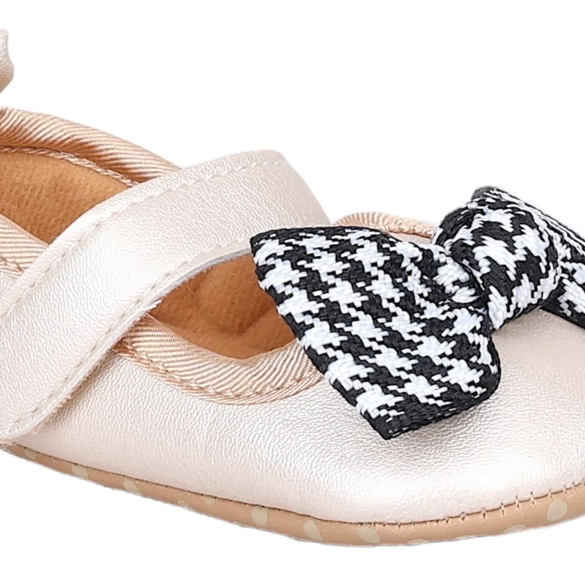 Baby Moo Houndstooth Bow Knot Velcro Strap Anti-Skid Ballerina Booties - Cream