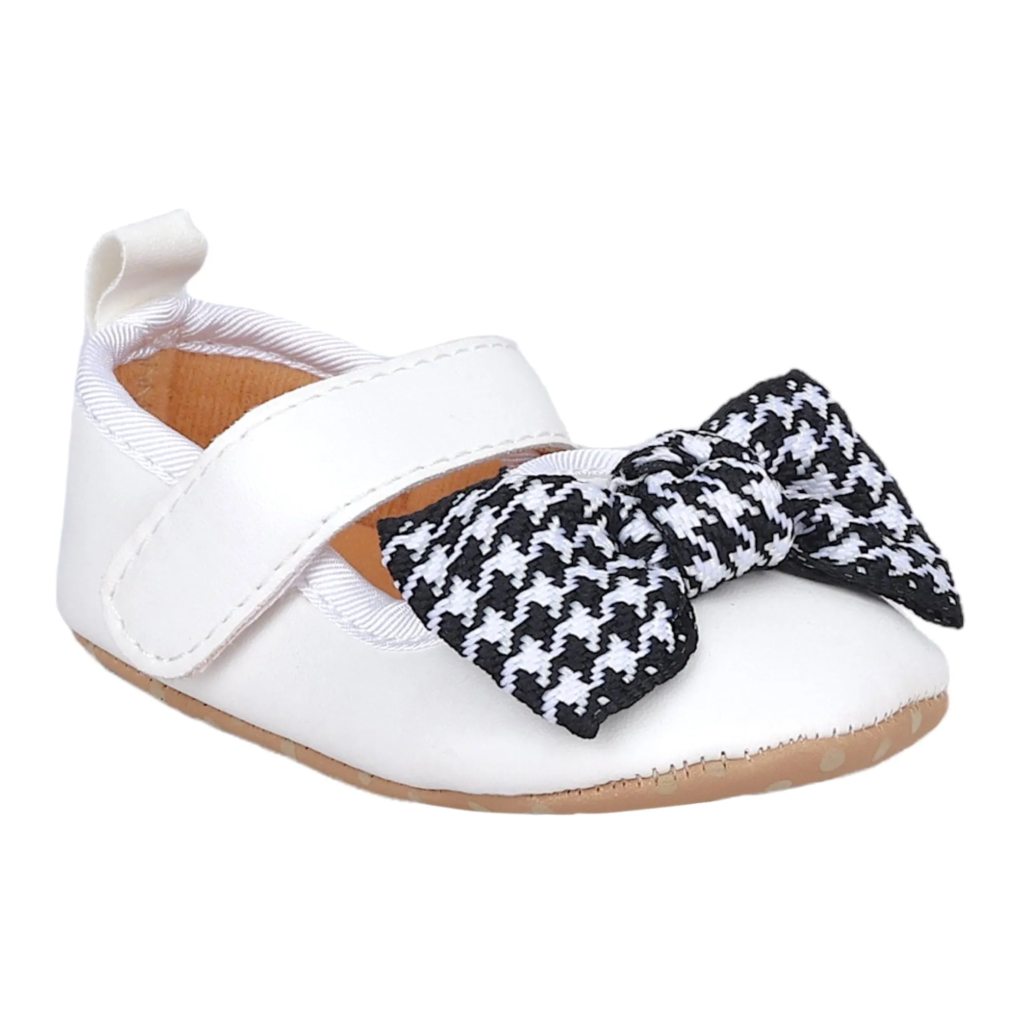 Baby Moo Houndstooth Bow Knot Velcro Strap Anti-Skid Ballerina Booties - White