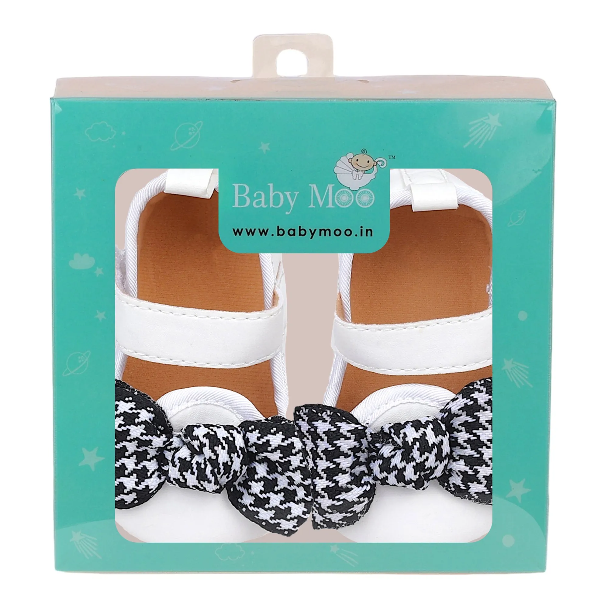 Baby Moo Houndstooth Bow Knot Velcro Strap Anti-Skid Ballerina Booties - White