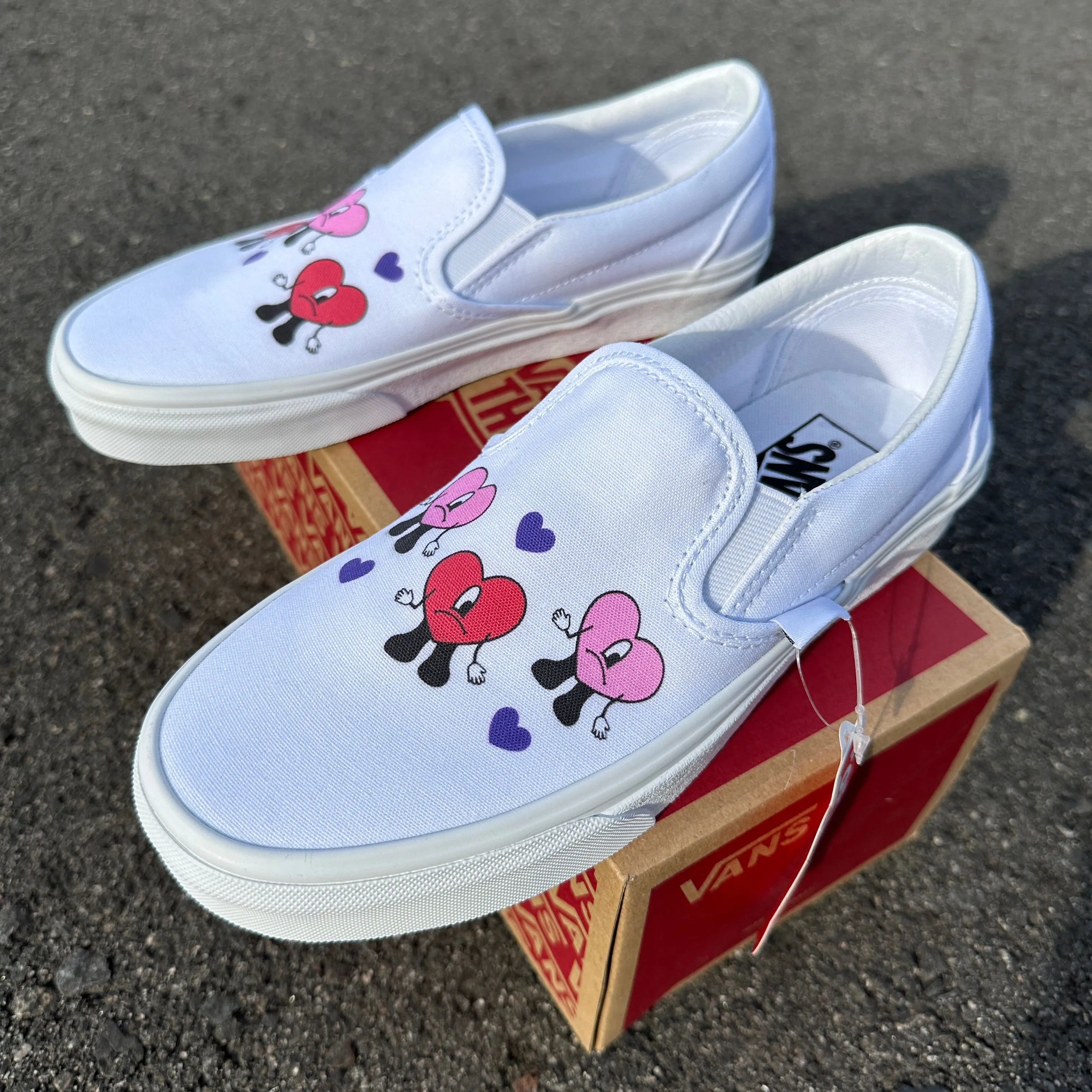 Bad Bunny Valentines Day Heart Band Custom Slip On Vans: LIMITED TIME ONLY - Custom Vans Shoes