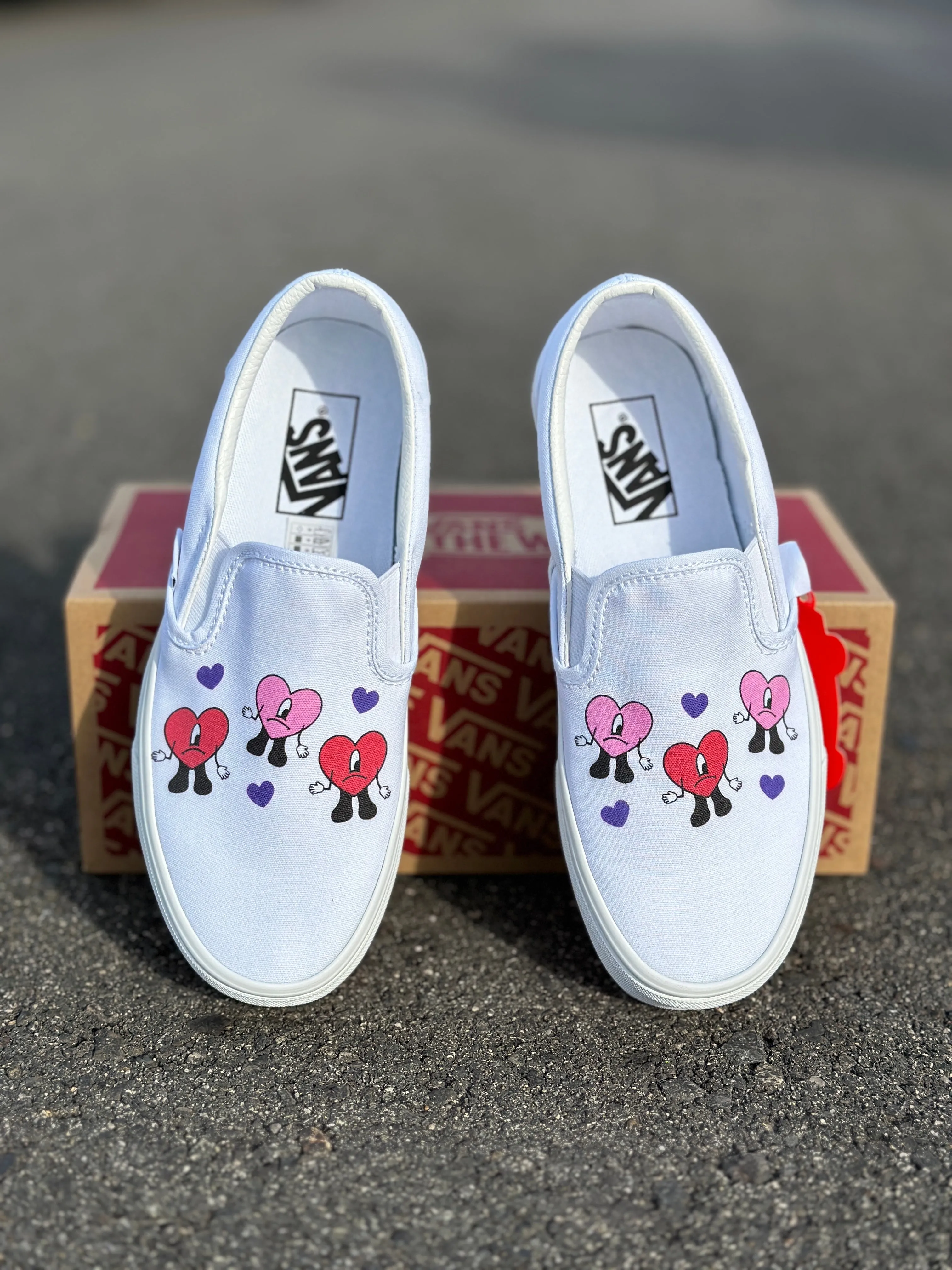 Bad Bunny Valentines Day Heart Band Custom Slip On Vans: LIMITED TIME ONLY - Custom Vans Shoes