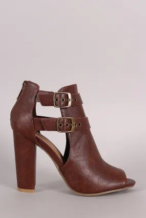 Bamboo Double Buckled Cutout Heeled Booties