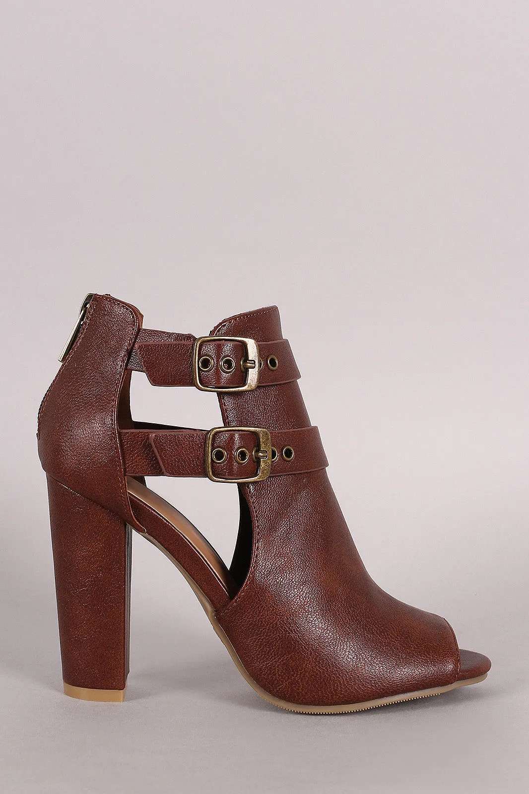 Bamboo Double Buckled Cutout Heeled Booties