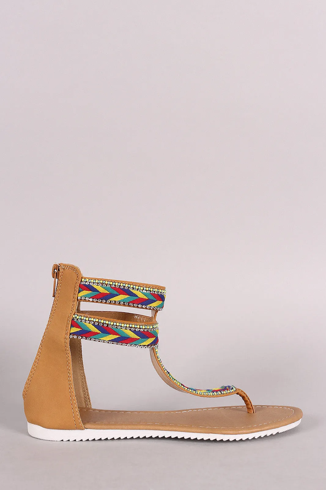 Beaded Chevron T-Strap Thong Flat Sandal