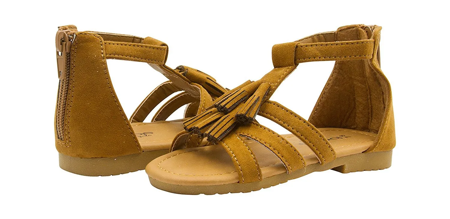 bebe Girls Velvet T Strap Back Zipper Ankle Sandals with Tassels 7/8 Cognac