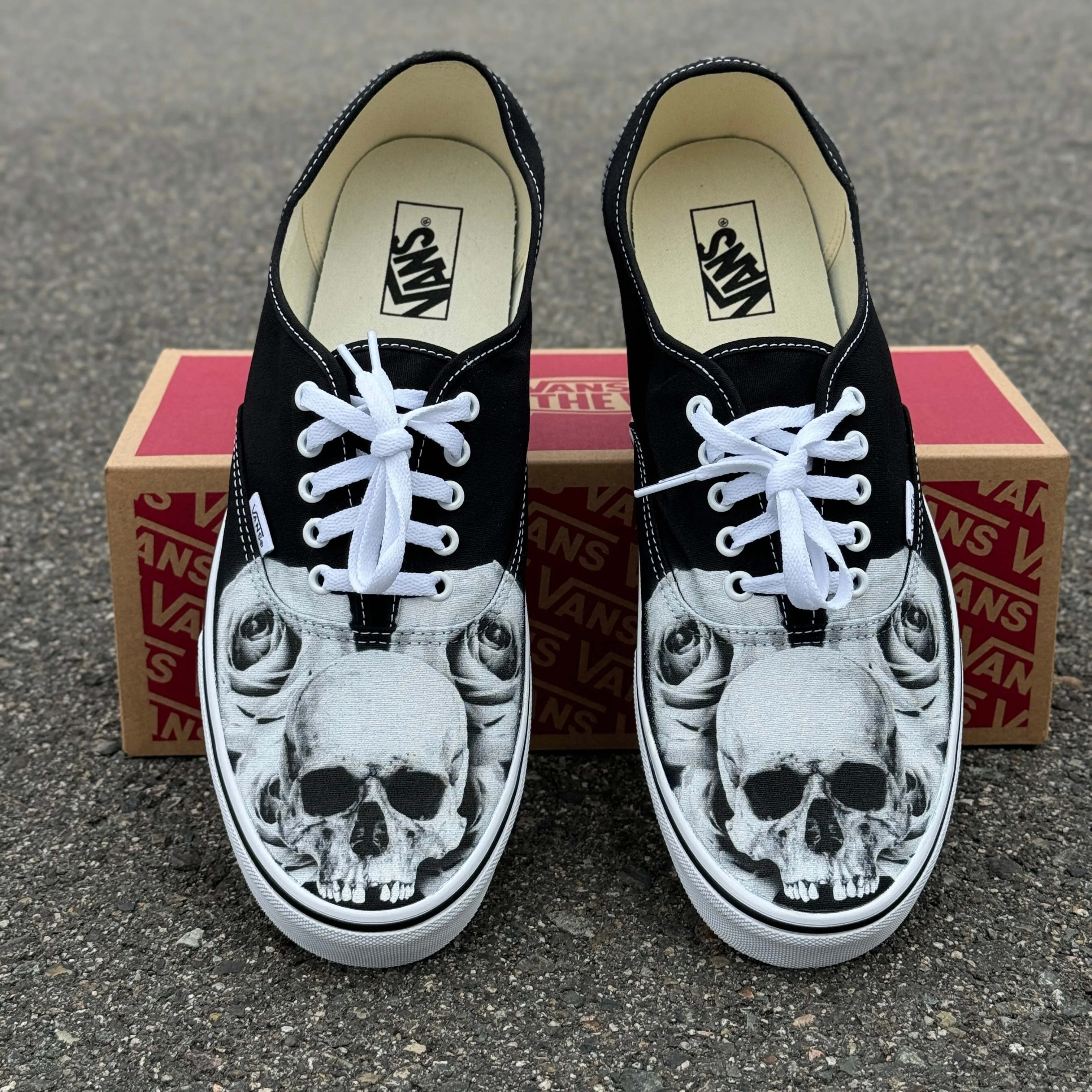 Black and White Skull with Roses Vans Authentic Shoes