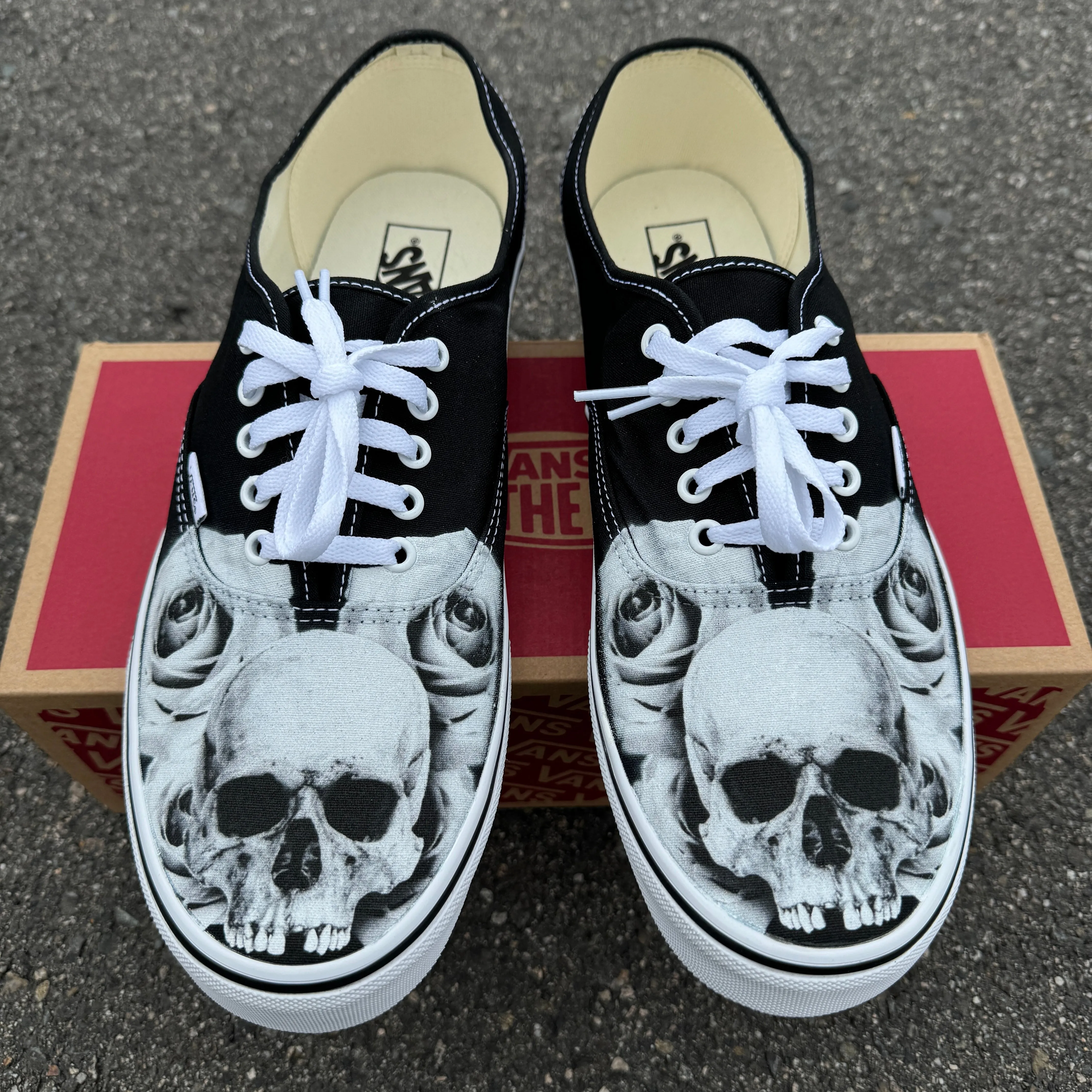 Black and White Skull with Roses Vans Authentic Shoes