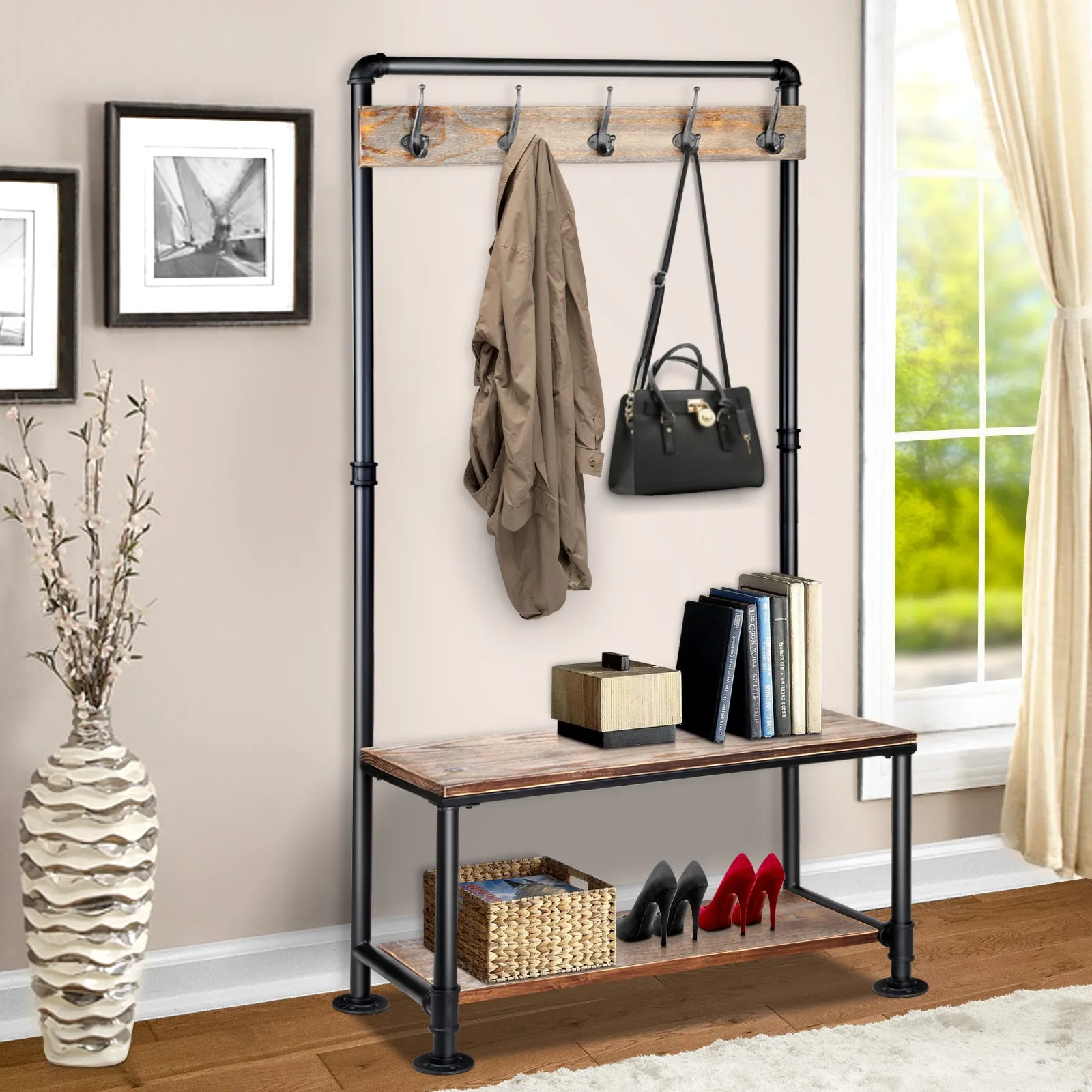 Clothes Rack Shoe Rack Vintage Coat Stand Hallway Shelf