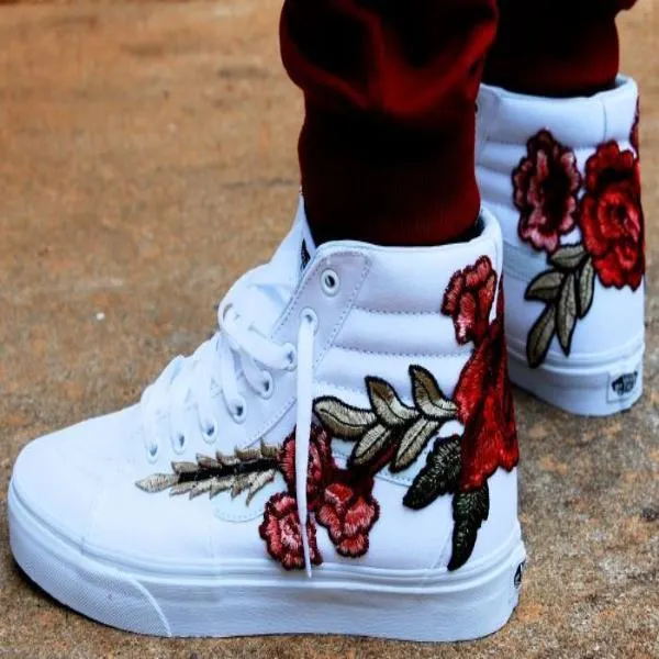 Custom Embroidered Rose Vans Frosty White Sneakers Shoes