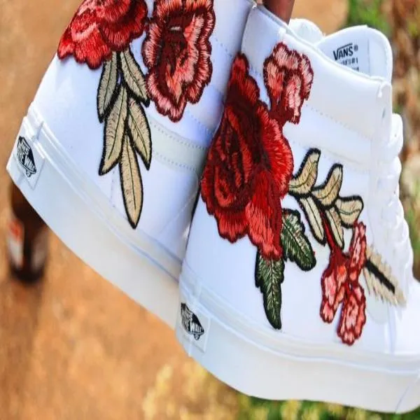 Custom Embroidered Rose Vans Frosty White Sneakers Shoes