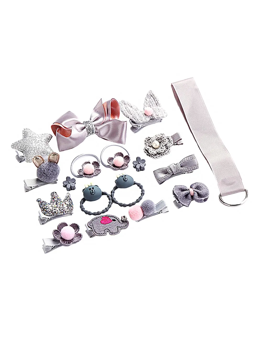 Melbees by Yellow Chimes Kids Hair Accessories for Girls Hair Accessories Combo Set Grey 18 Pcs Baby Girl's Hair Clips Set Cute Ponytail Holder Claw Clip Bow Clips For Girls Assortment Gift Set