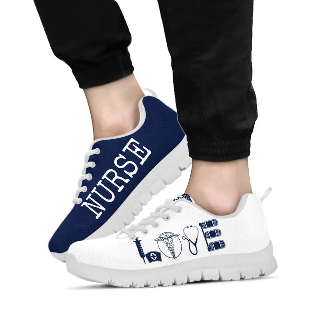 Nurse Sneaker, Nurse Love Dark Blue White Sneakers Shoes, Best Shoes For Nurses