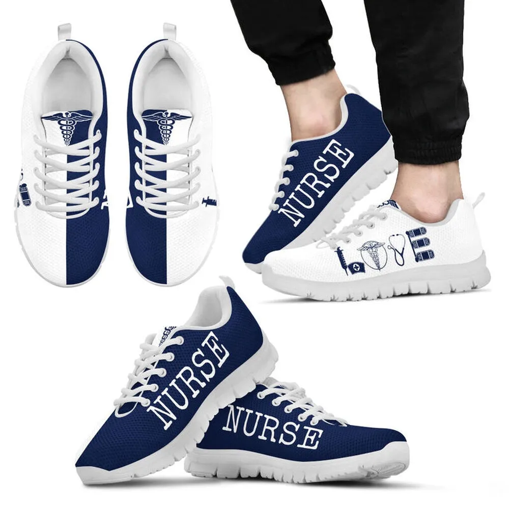 Nurse Sneaker, Nurse Love Dark Blue White Sneakers Shoes, Best Shoes For Nurses