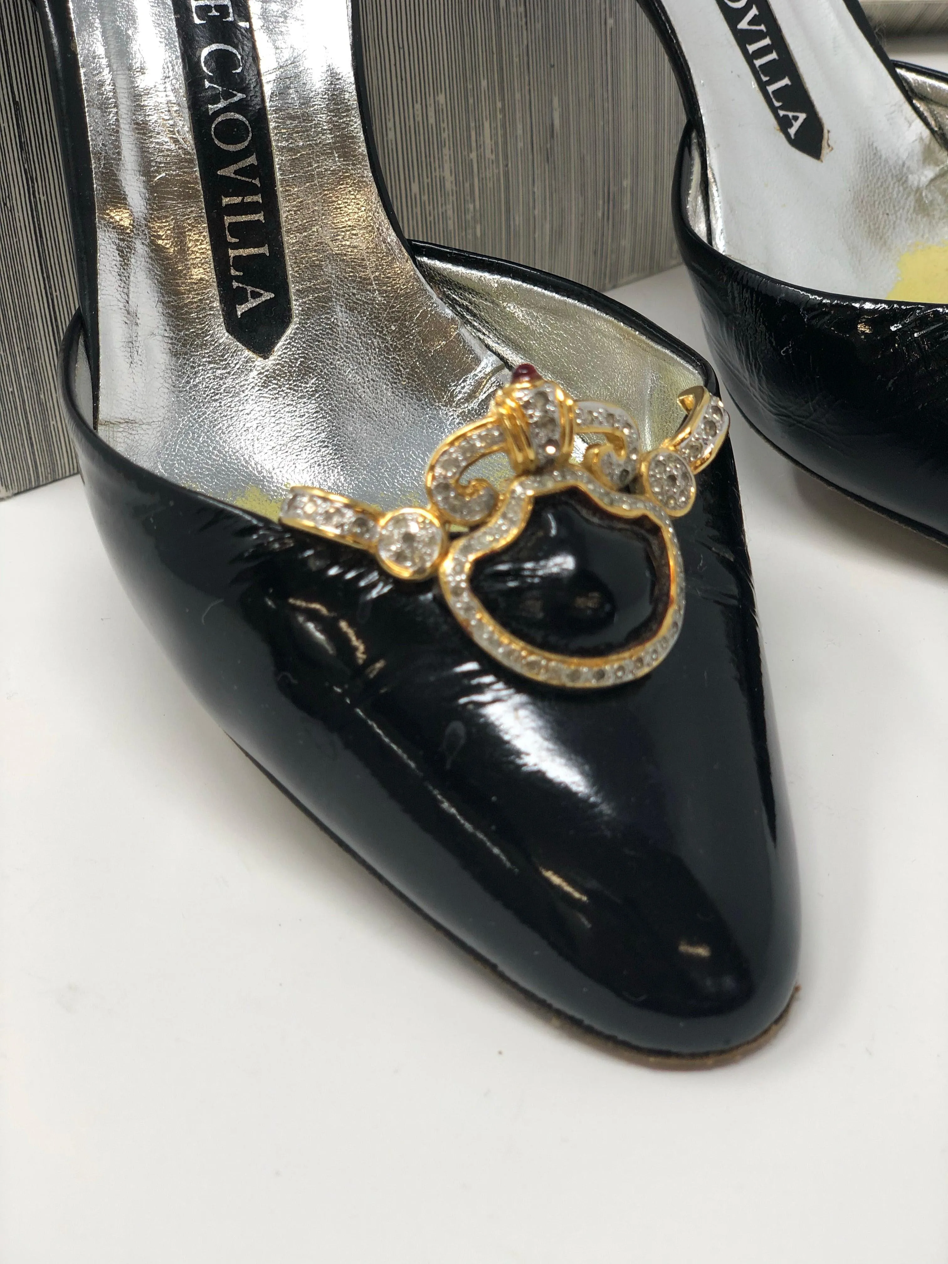 Rene Caovilla Black Patent Leather Heels with Gold Diamante Detail Size 5.5 (UK3.5)