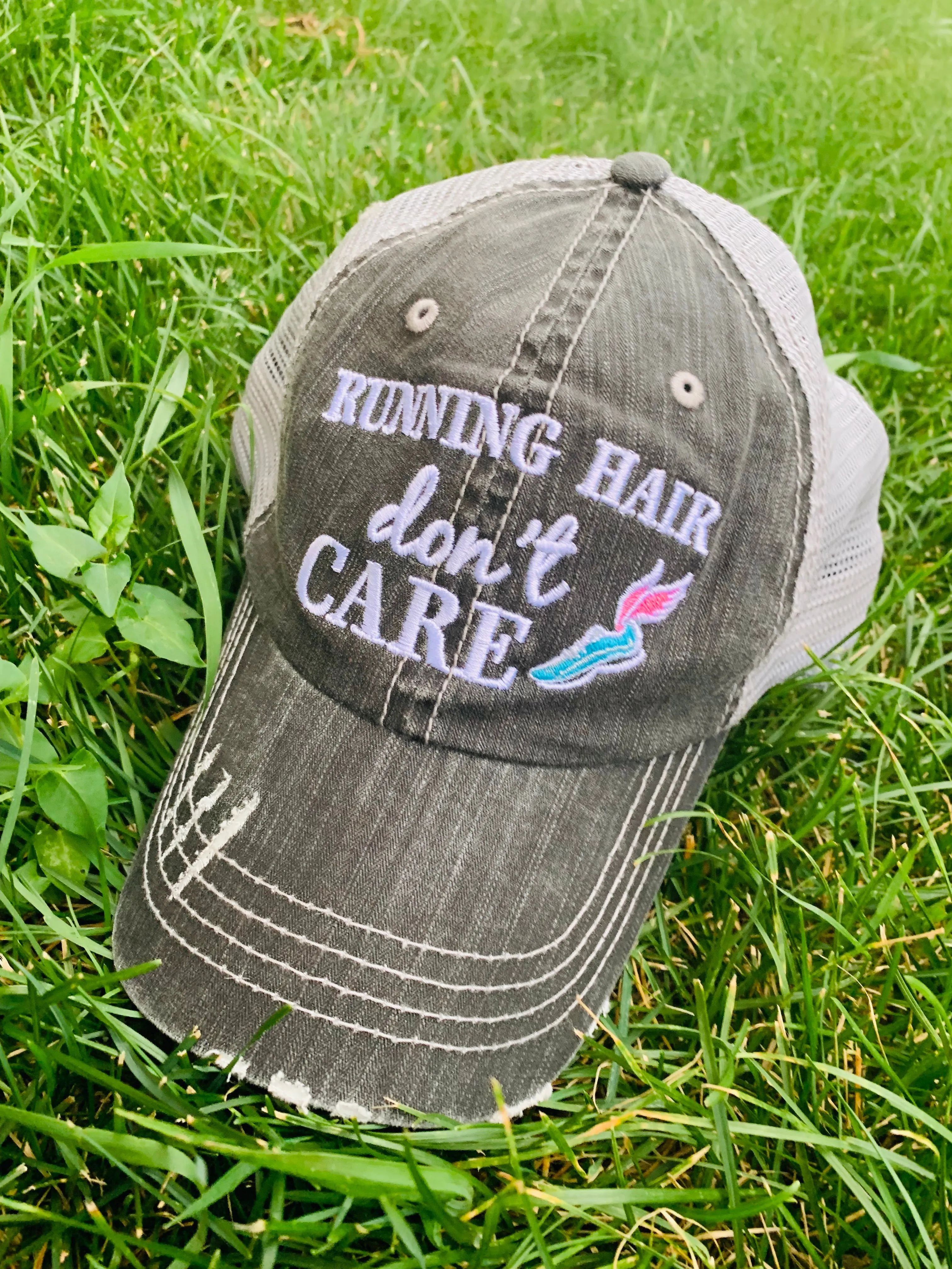 Running hair dont care hat | Embroidered distressed trucker cap