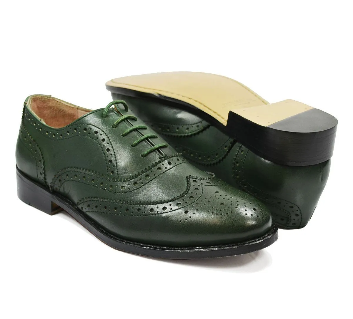 SEBASTIAN Full Brogue Oxford Leather Shoes in Pine Green