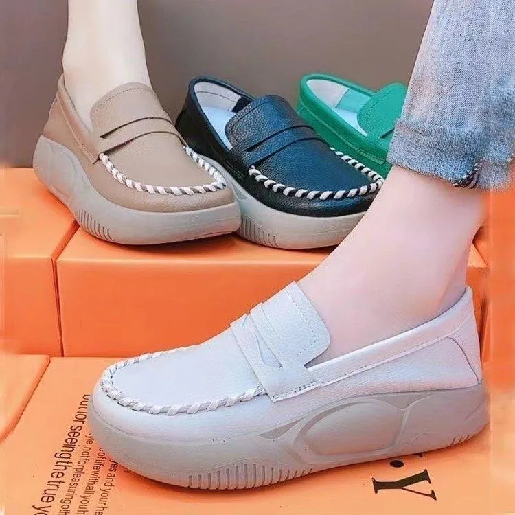 Slip-on Casual Leather Shoes Platform Round Toe